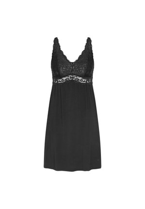 Schwarzer Nachthemd mit Spitzenbesatz, V-Ausschnitt und verstellbaren Trägern. Weicher Stoff, A-Linien-Form, mit Spitzeneinsätzen an Brust und Taille.