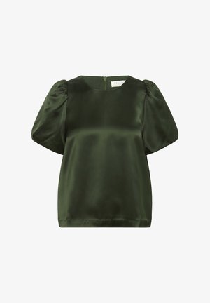 Blouse en satin vert foncé avec un col rond, des manches bouffantes et une fermeture éclair dissimulée au dos. Texture lisse avec une coupe décontractée.