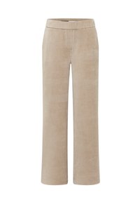 Beige rechte corduroy broek met een elastische tailleband, zonder zichtbare zakken of knopen, weergegeven op een witte achtergrond.