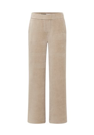 Pantalon en velours côtelé beige à jambe droite avec une taille élastique, sans poches ni boutons visibles, présenté sur un fond blanc.