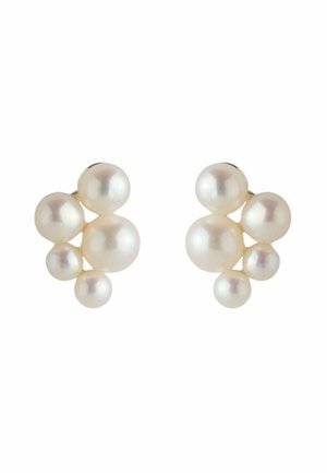 Pairs of cluster pearl earrings featuring five round pearls of varying sizes on each earring against a white background.