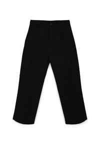 Schwarze Hosen mit geradem Bein, aus glattem Stoff gefertigt, mit Vorderfalten, Seitentaschen und einem einzelnen Knopfverschluss.