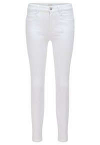 Bílé džíny skinny s středním pasem, pěti kapsami a stříbrnými detaily. Hladká textura, minimalistický design a žádné viditelné vzory.