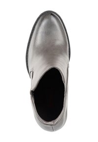 Szary skórzany botek za kostkę o gładkim wykończeniu, zaokrąglonym nosku, elastycznych bokach dla łatwego zakładania oraz czarnej podeszwie z minimalnym bieżnikiem.