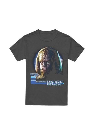 Dark gray cotton t-shirt featuring a graphic of a character's face with green and brown tones, accented by blue text reading "LT. COMMANDER WORF."