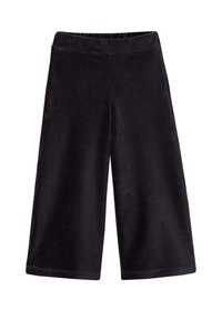 Schwarze Cordhosen mit weitem Bein, weicher Textur, elastischem Taillenbund und vertikalem Rippmuster, mit lockerer Passform und verkürzter Länge.