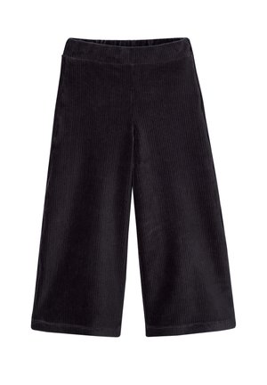 Schwarze Cordhosen mit weitem Bein, weicher Textur, elastischem Taillenbund und vertikalem Rippmuster, mit lockerer Passform und verkürzter Länge.