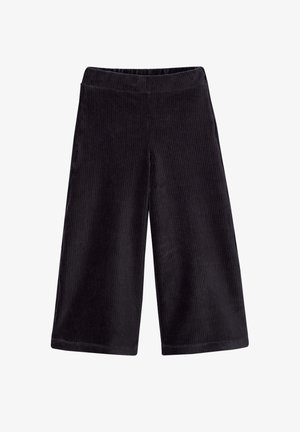 Schwarze Cordhosen mit weitem Bein, weicher Textur, elastischem Taillenbund und vertikalem Rippmuster, mit lockerer Passform und verkürzter Länge.