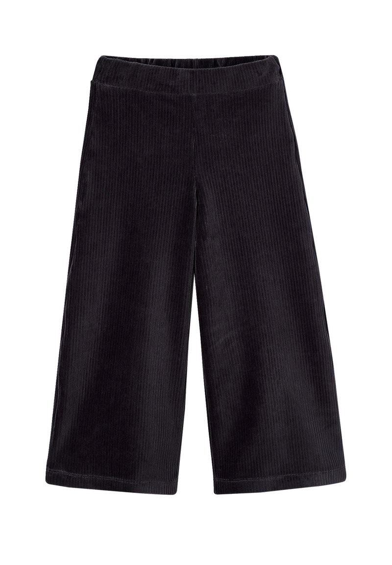 Schwarze Cordhosen mit weitem Bein, weicher Textur, elastischem Taillenbund und vertikalem Rippmuster, mit lockerer Passform und verkürzter Länge.