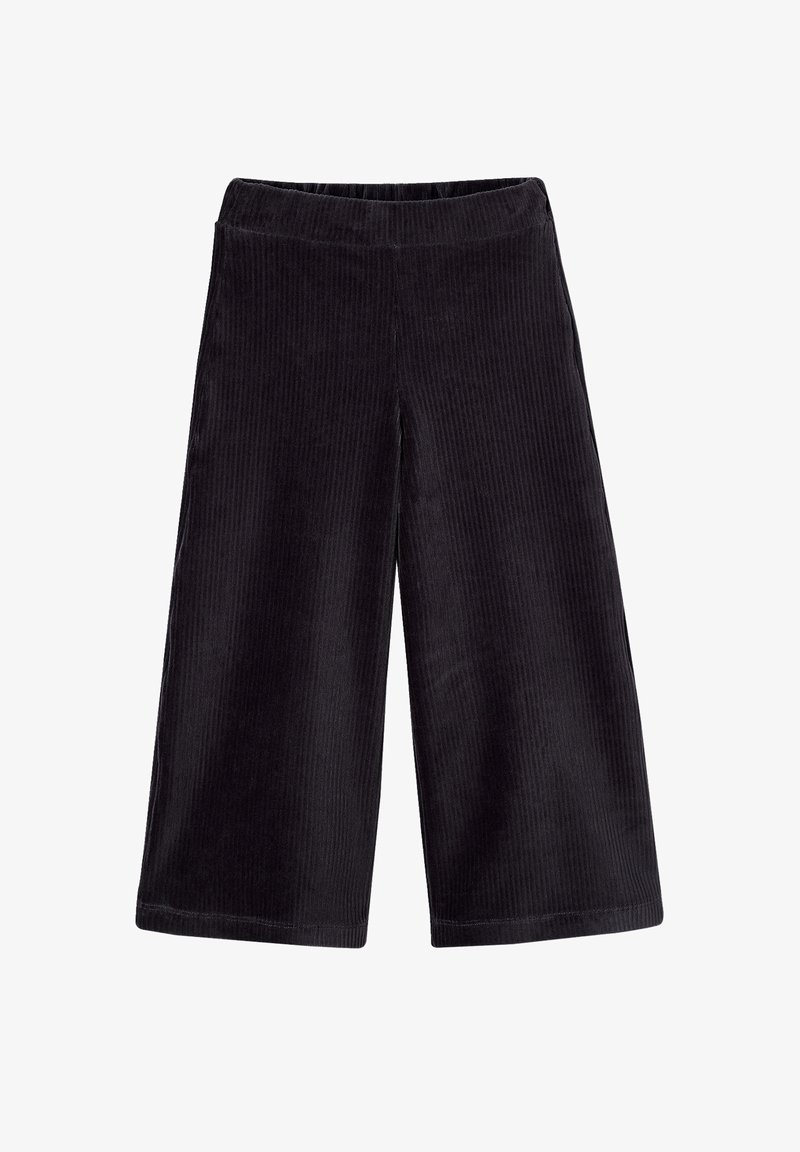 Black corduroy wide-leg pants with a soft texture, elastic waistband, and vertical ribbed pattern, featuring a loose fit and cropped length.