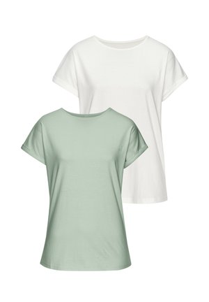 Two plain short-sleeve crew neck t-shirts, one white behind and one light green in front, displayed on a white background.
