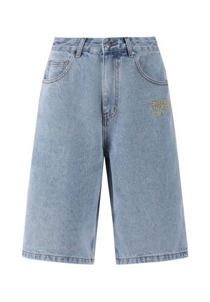 Light blue denim shorts with a loose fit, featuring a yellow embroidered logo on the front. Classic five-pocket design and mid-thigh length.