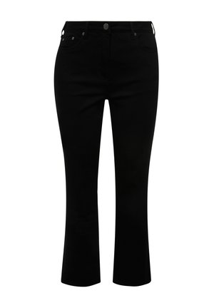 Sorte denim flared jeans med mellemhøj talje, sølvhardware til lukning og klassisk fem-lomme design, der har en glat tekstur.