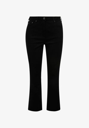 Zwarte denim flare jeans met een medium taille, zilver kleurige sluitingen en een klassieke vijf-vakken ontwerp, voorzien van een gladde textuur.