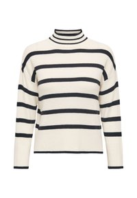 Gestreepte gebreide trui in crème met marineblauwe horizontale strepen. Hoogsluitende hals, lange mouwen en geribbelde structuur. Losse pasvorm, rechte zoom.