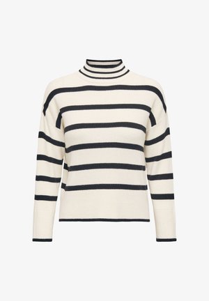 Gestreifter Strickpullover in Creme mit horizontalen marineblauen Streifen. Design mit hohem Kragen, langen Ärmeln und geripptem Stoff. Weiter Schnitt, gerader Saum.