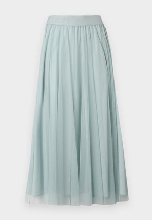 Light blue long skirt made of lightweight, sheer fabric with a pleated design. Features a soft, elastic waistband with embossed logo details.