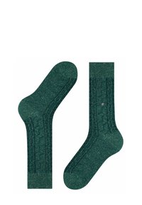 Calze verde scuro con un motivo testurizzato, dotate di polsini a coste e una finitura liscia. Il materiale sembra morbido con una leggera lucentezza.
