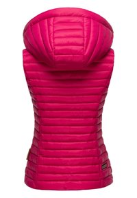 Roze puffer vest met een capuchon, voorzien van een geblokt ontwerp en verticale stiksels. Soepele textuur en getailleerde pasvorm, met een merketiket aan de onderkant.