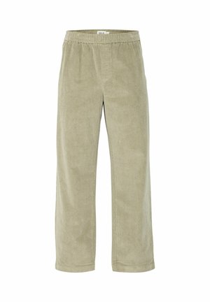 Corduroy pants in light olive green, featuring a soft texture, straight cut, elastic waistband, and subtle ribbed pattern.