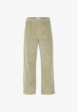 Pantalons en velours côtelé de couleur olive clair, présentant une texture douce, une coupe droite, une taille élastique et un motif légèrement nervuré.