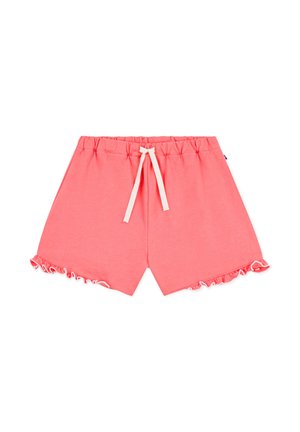 Koraalroze shorts gemaakt van zachte stof, met een ruches zoom, een elastische tailleband en een witte trekkoord voor aanpassing.