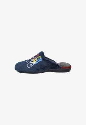 Zapatilla de casa de felpa color azul marino con texto multicolor y un gráfico de carita sonriente, con una plantilla interior gris y roja y suela exterior negra.