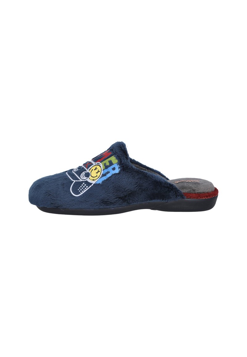 Zapatilla de casa de felpa color azul marino con texto multicolor y un gráfico de carita sonriente, con una plantilla interior gris y roja y suela exterior negra.
