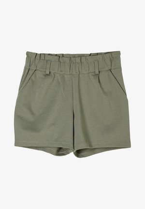 Zelené šortky z bavlněné směsi s širokým elastickým pasem, dvěma předními kapsami a hladkou texturou. Obsahují prošívání kolem okrajů.