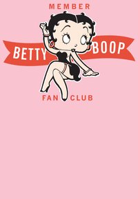 Betty Boop-karaktärsillustration på en rosa bakgrund, med svart frisyr och röda accenter, samt texten "MEDLEM" och "FAN KLUBB" i röd färg.