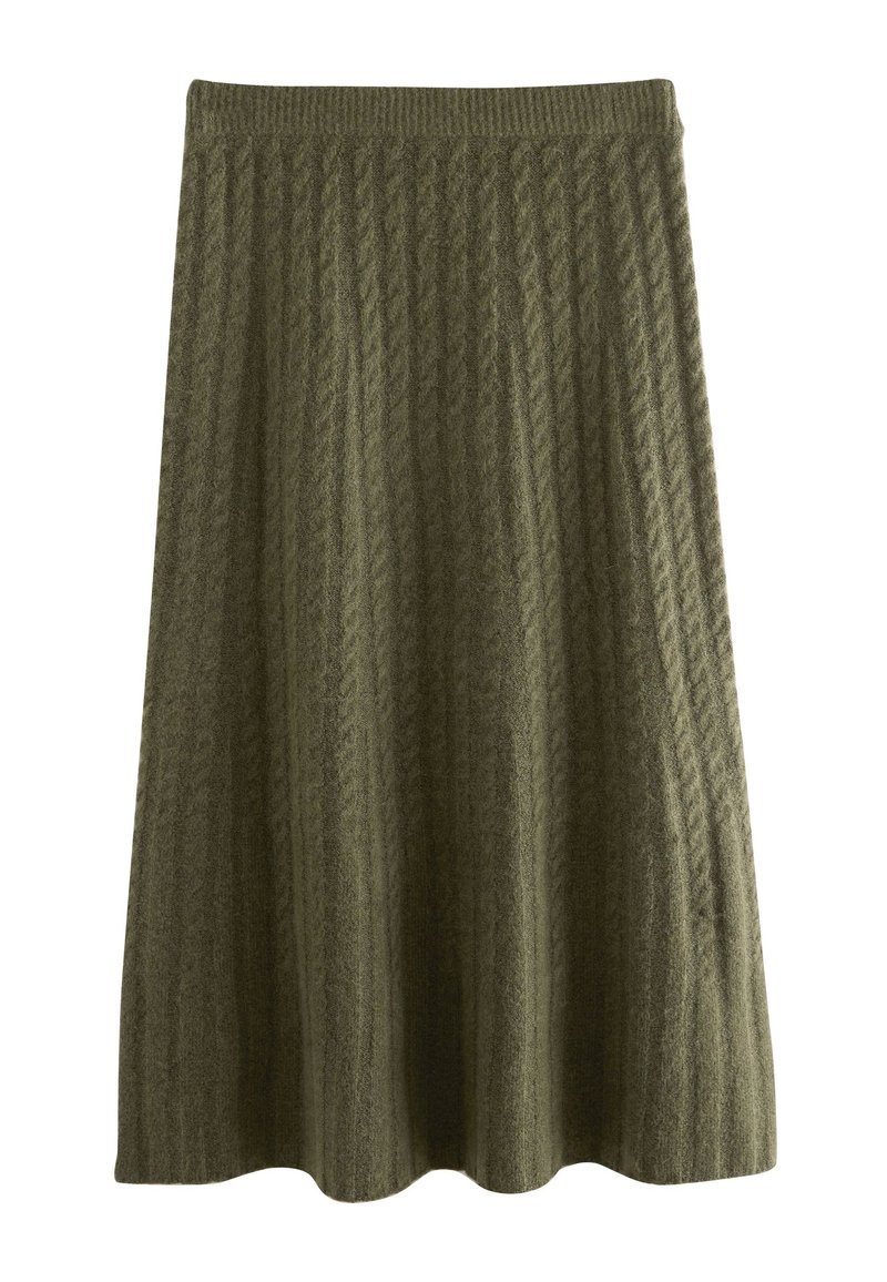Jupe tricotée longueur genou de couleur vert olive avec une ceinture côtelée et un motif tricoté en câbles verticaux.