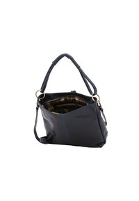 Borsa a mano in pelle blu navy con forma strutturata, doppio manico e tracolla regolabile. L'interno presenta una fodera a quadri marrone con tasche.