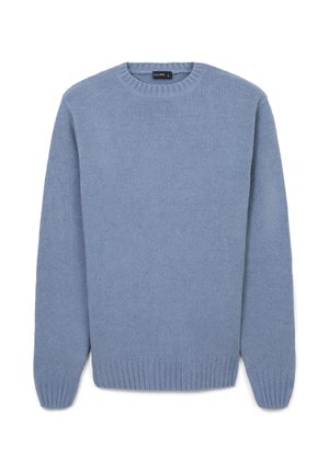 Maglione azzurro chiaro in maglia, scollatura rotonda, maniche lunghe, polsini e orlo a coste, texture morbida, design minimale, senza motivi o dettagli visibili.