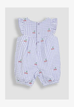 Jasnofioletowy romper w kratkę z falbaniastymi rękawami, haftowanymi wiśniami, zapięciem na guziki z tyłu i ściągaczami przy kostkach.