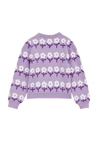 Pulover tricotat de lavandă cu un model floral de flori albe cu tulpini purpurii. Guler rotund și mâneci lungi, ușor bufante.