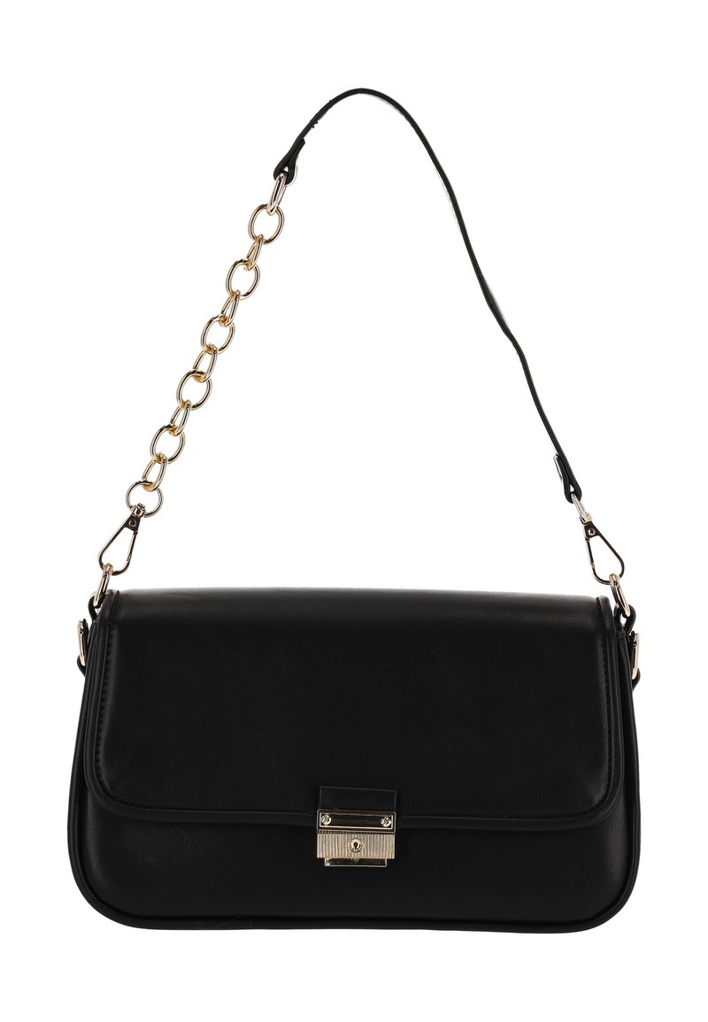 Bolso de hombro de cuero negro con diseño plano, asa de cadena en tono dorado y cierre metálico. Textura lisa con líneas limpias.