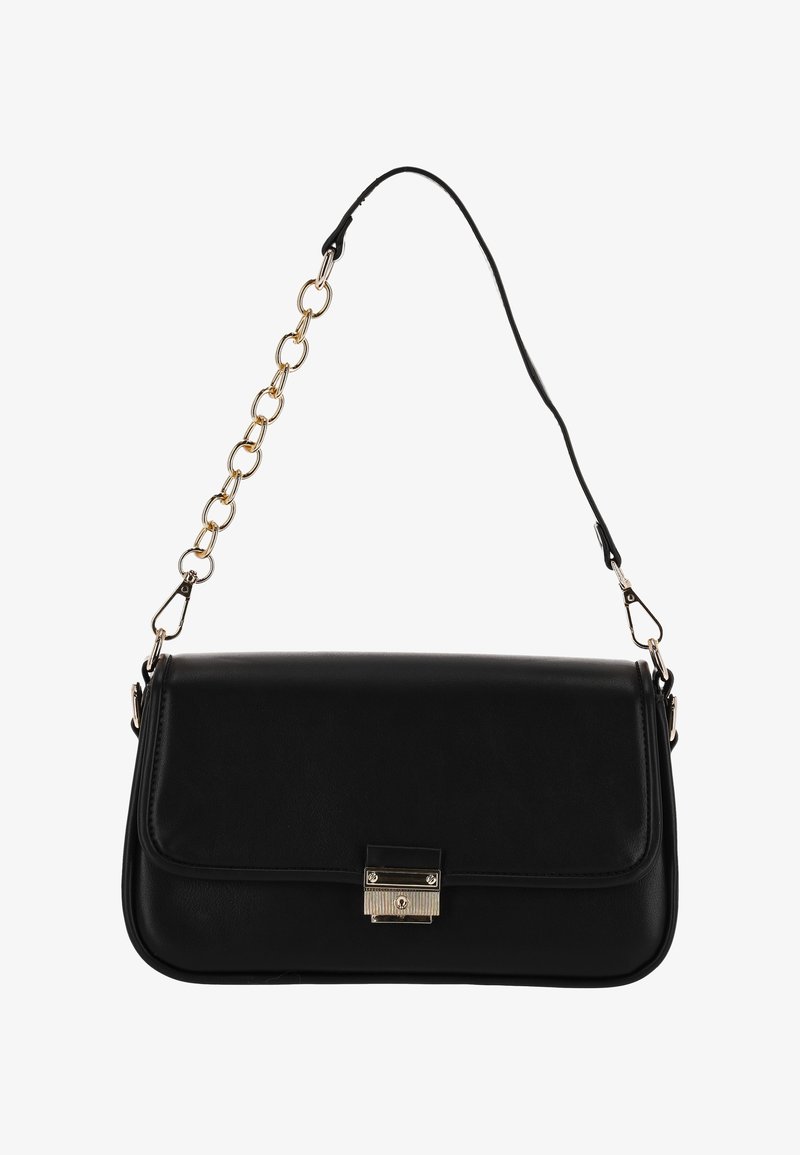 Bolso de hombro de cuero negro con diseño plano, asa de cadena en tono dorado y cierre metálico. Textura lisa con líneas limpias.