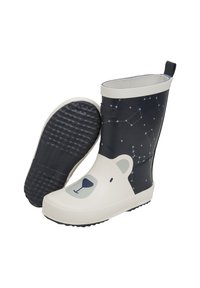 Bottes de pluie en caoutchouc avec une tige bleu marine, un visage d'ours polaire blanc sur le bout, et un motif de constellation étoilée. Semelle noire texturée pour l'adhérence.