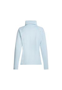Jasnoniebieska długa bluzka z golfem o dopasowanym kroju, widoczna z tyłu na białym tle.