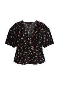 Blusa negra de manga corta con escote en V, con un patrón floral en rosa y blanco, cierre frontal de botones y mangas acanaladas. Textura de tela suave.