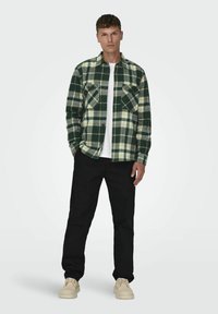 Camisa de franela a cuadros verdes y beige con dos bolsillos en el pecho, llevada sobre una camiseta blanca, combinada con pantalones negros y zapatos de color claro.