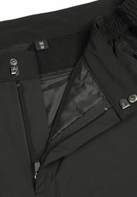 Zwarte technische broek met een ritssluiting aan de voorkant, elastische taille en een gladde binnenvoering. Inclusief maatlabel "50 M" en drukknopsluiting.