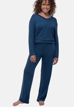 Marineblaue Langarmoberteil und passende Hose aus weichem, elastischem Stoff. V-Ausschnitt und lockerer Schnitt mit elastischem Bund.