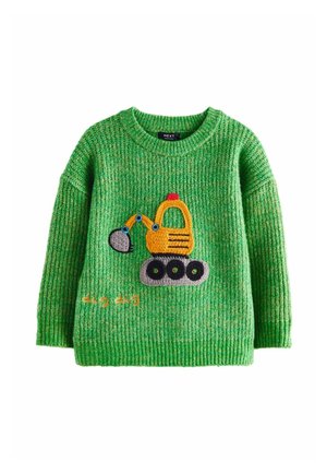 Groene gebreide kindertrui met een geel- en grijs graafmachine ontwerp en lange mouwen.