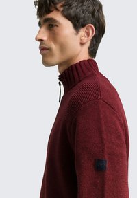 Bordeauxroter Strickpullover mit hohem Kragen, gerippter Struktur, seitlichem Reißverschluss und einem schwarzen Logopatch am linken Ärmel.