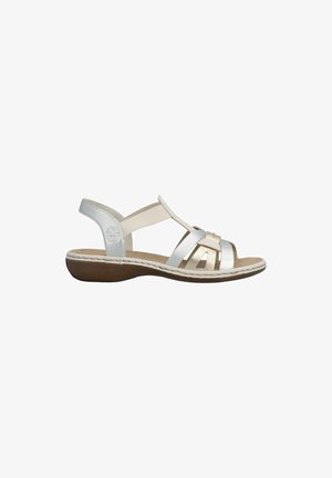 Sandale pour femme en cuir blanc et beige avec bout ouvert, bride arrière ajustable, semelle rembourrée et petit talon compensé.