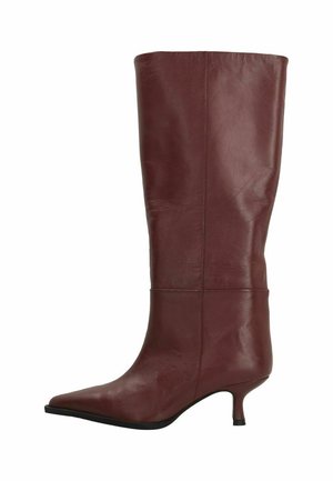 Burgundy leather knee-high boot with a pointed toe and a slim heel. Features a smooth texture and minimalistic design, no additional embellishments.