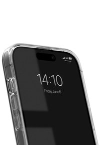 Transparent smartphone case featuring rounded edges, button cutouts, and a black screen displaying time and date. 5G signal indicator visible.