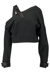 Svart kortärmad sweatshirt med asymmetrisk krage, en lång ärm och ett band med spänne på axeln samt justerbara muddar.