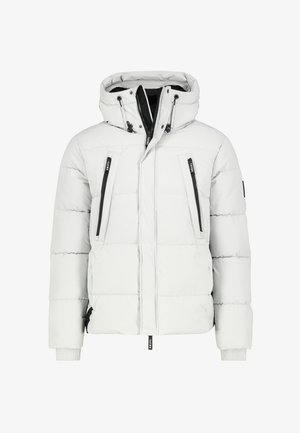 Padded white jacket with a hood, featuring black zippered pockets, elastic cuffs, and a front zipper closure. Smooth outer texture.